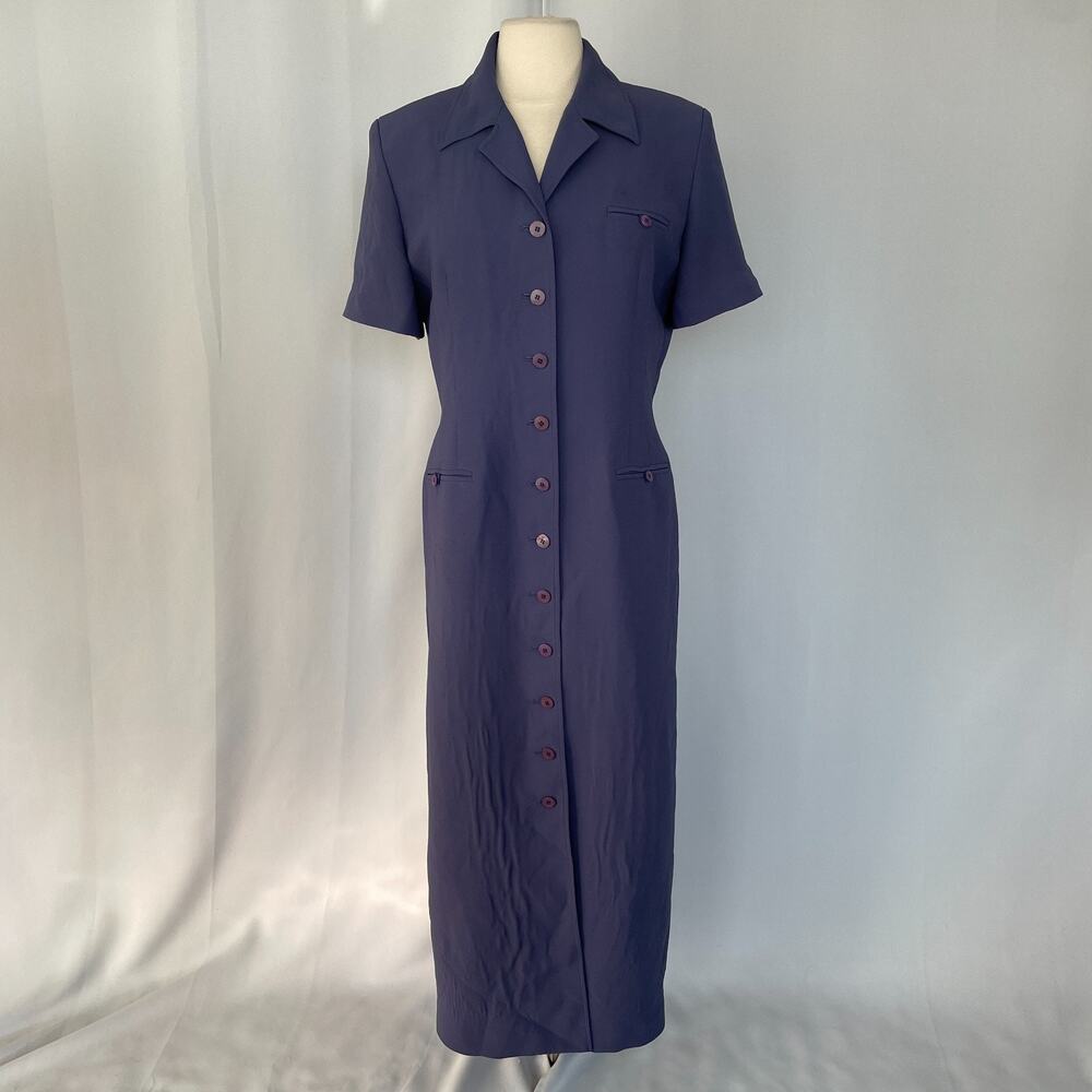 Vtg Shirt Dress Size 14 Purple Periwinkle Solid Long Maxi Short Sleeve Minimal
